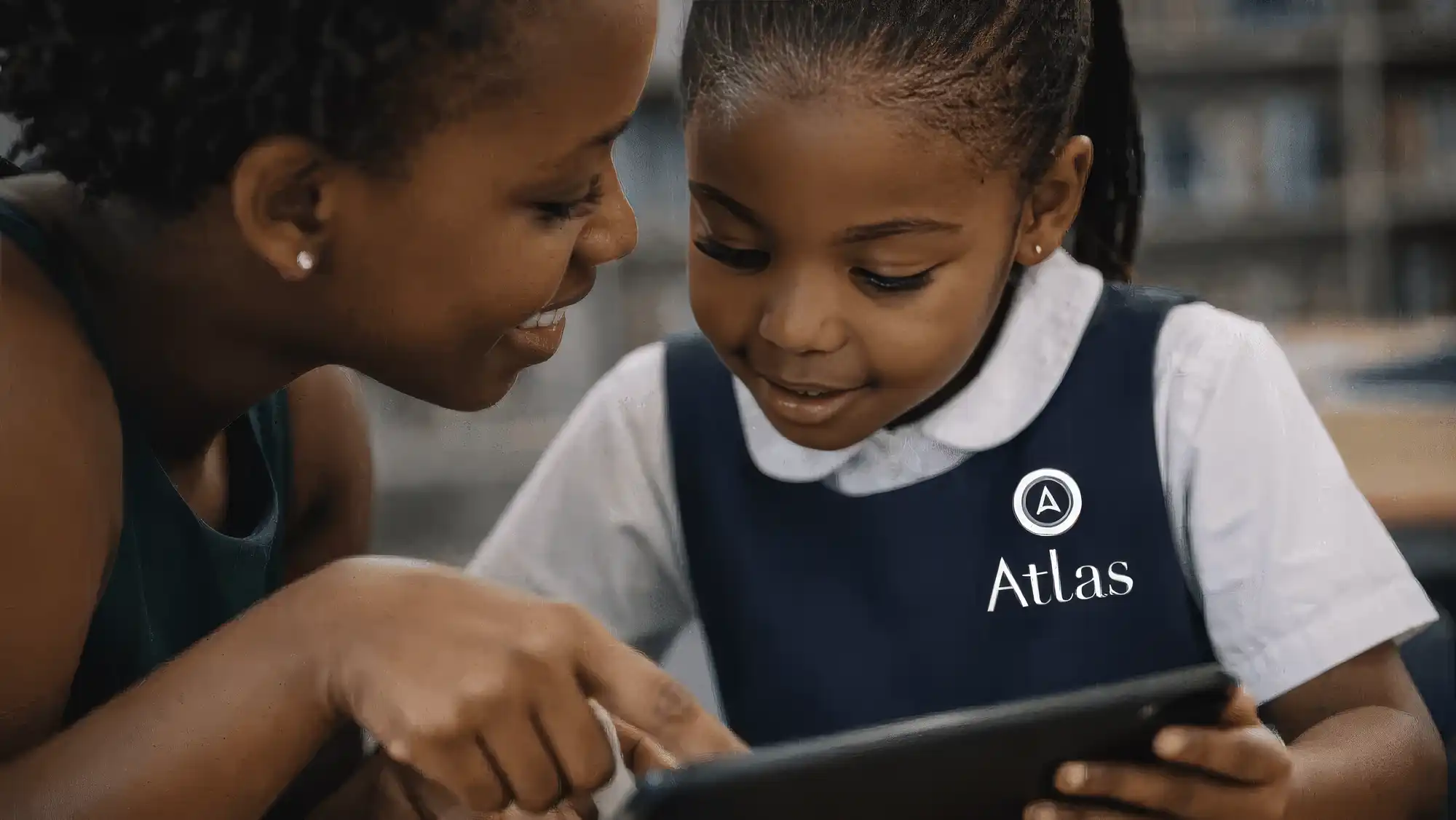 Atlas teacher guiding a young learner with a tablet